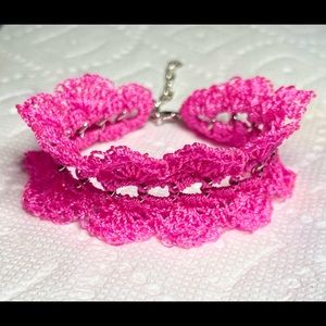Handmade Crochet Lace Bracelet Pink Nylon Thread Silver Center Chain Adjustable